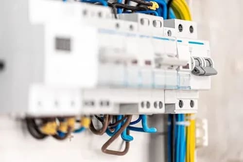 HVAC electrical control panel with circuit breakers used for system diagnostics