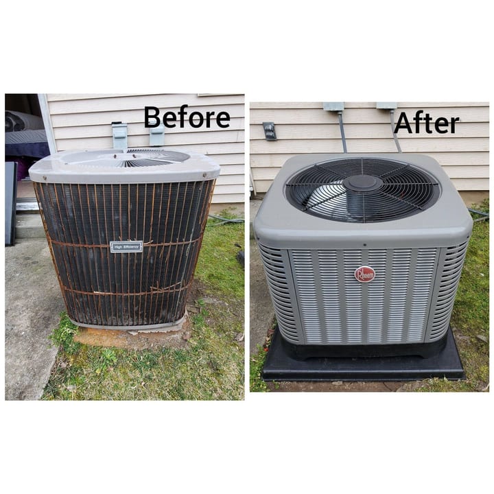 Before and after: an old rusted condenser replaced with a new Rheem unit