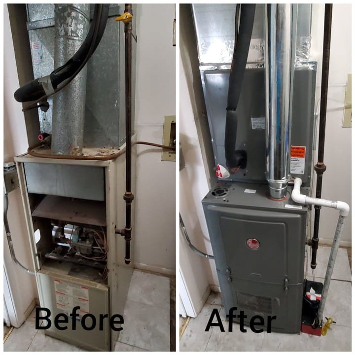 Before and after: an old furnace replaced with a new Rheem furnace
